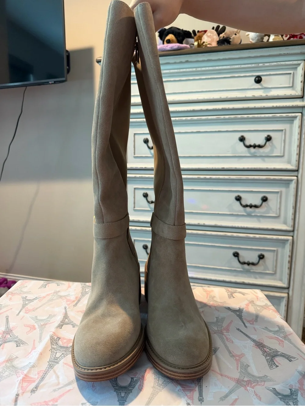 Vince Camuto Taupe Suede Over-The-Knee Boots with Gold Buckle